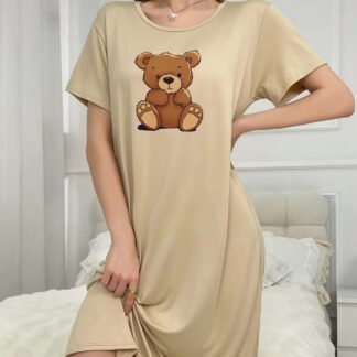 Women Summer Night Dress Shorts Sleeve Cartoon Bear Print Nightgowns Ladies Solid Sajamas